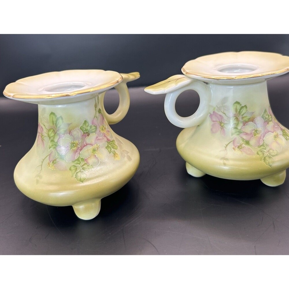 Vintage Nippon Hand Painted Wild Rose Candlestick Candle Holder Set of 2